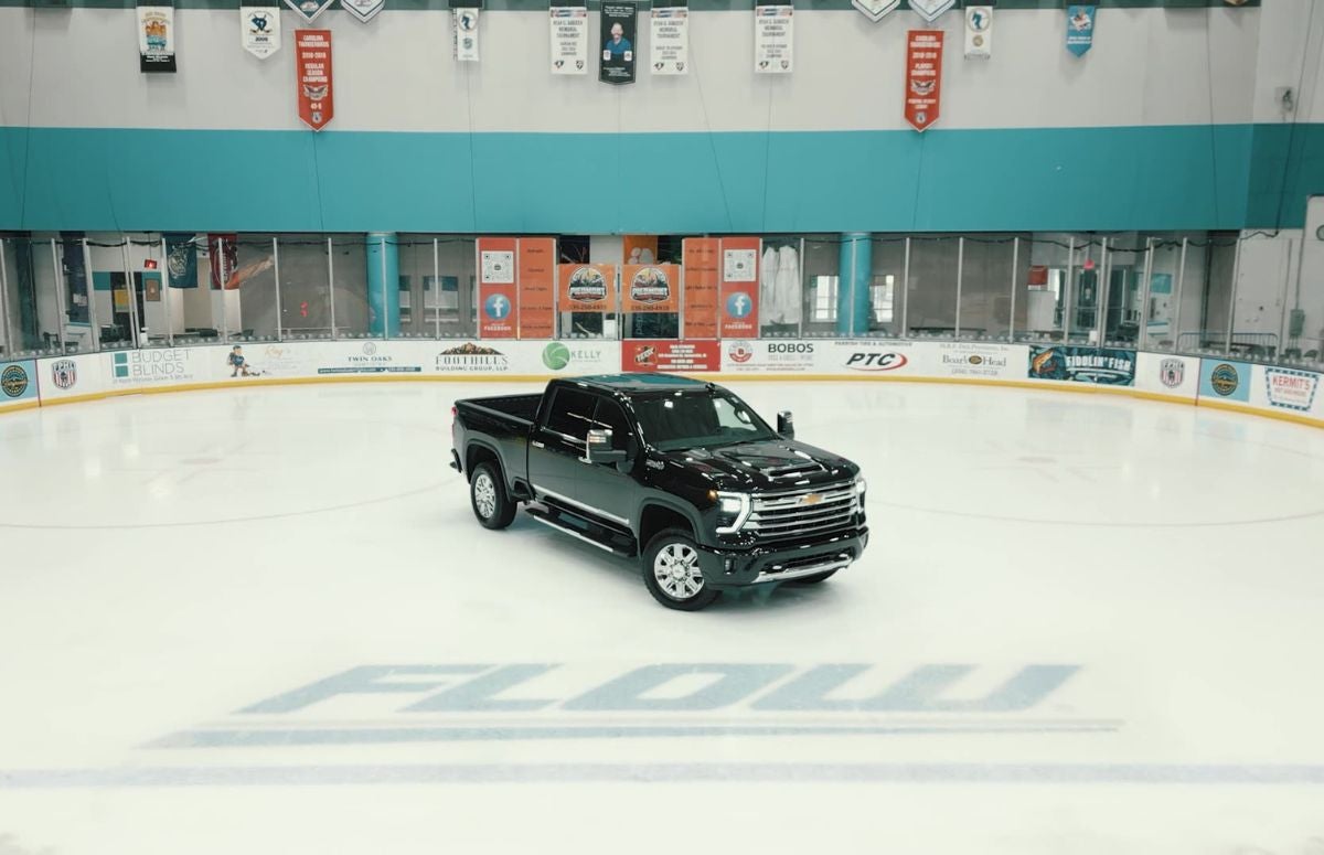 Chevrolet Silverado parked in Twin City Thunderbirds arena in Winston-Salem, NC - partnership with Flow Chevy
